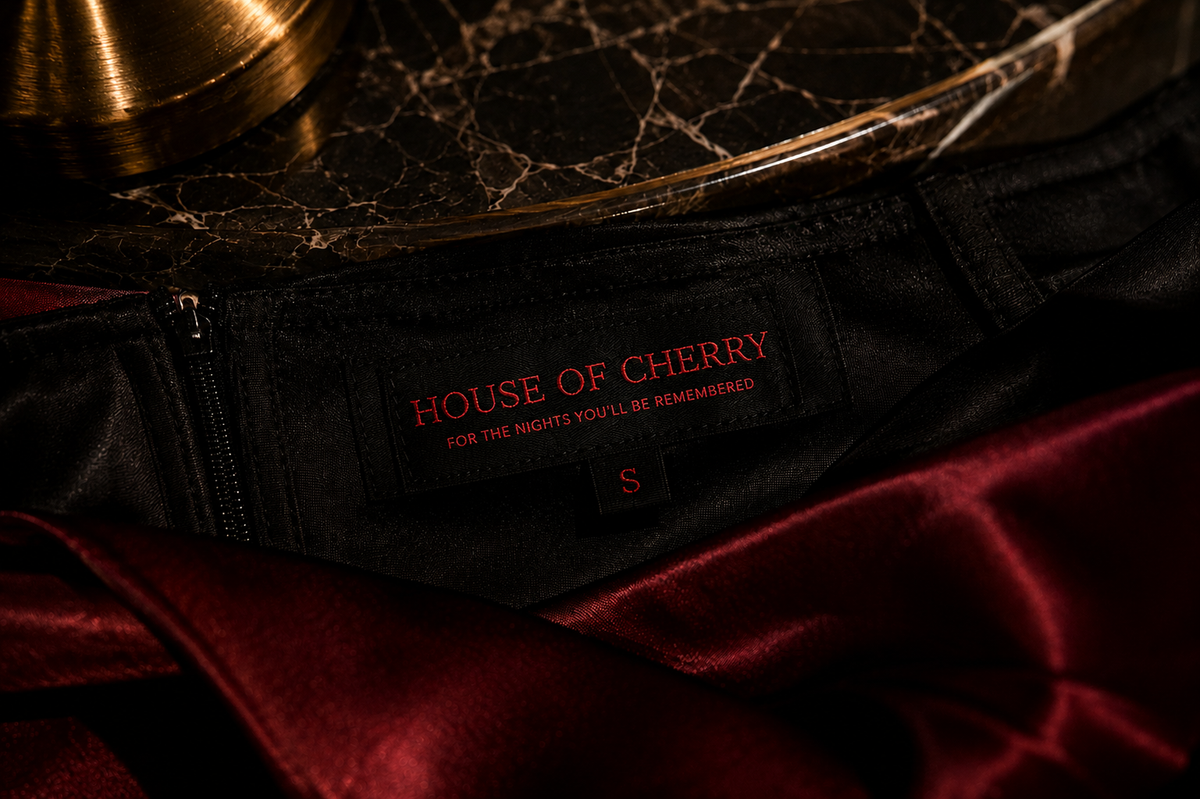 Close-up of a black garment interior label reading 'HOUSE OF CHERRY' in red text, with a small 'S' size mark below. The label is set against dark fabric, with a deep burgundy satin fabric draped in the foreground and a dark marble-like surface in the background.
Details