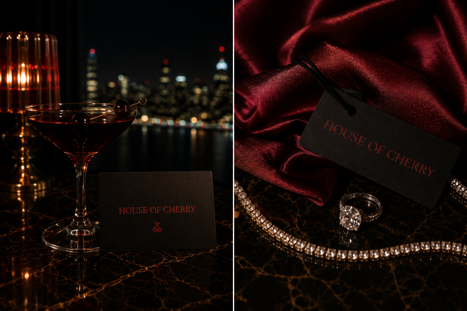 


A split-panel lifestyle image showcasing the House of Cherry brand. The left panel features a dark cocktail in a martini glass, a branded black card, and a velvet box on a dark marble table with a city skyline at night in the background.